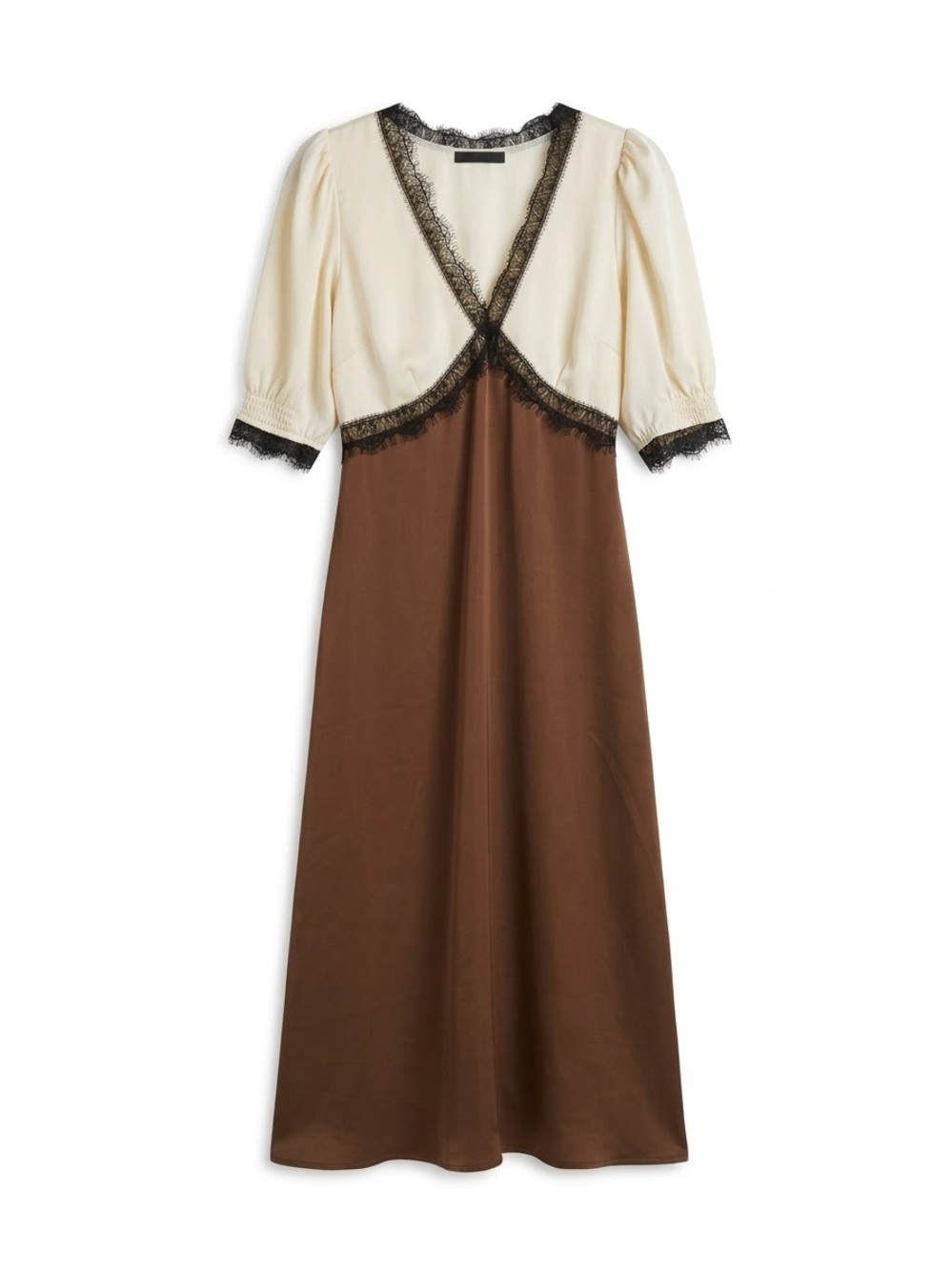 Anthropologie Cream and Brown Lace-Trim Maxi Dress